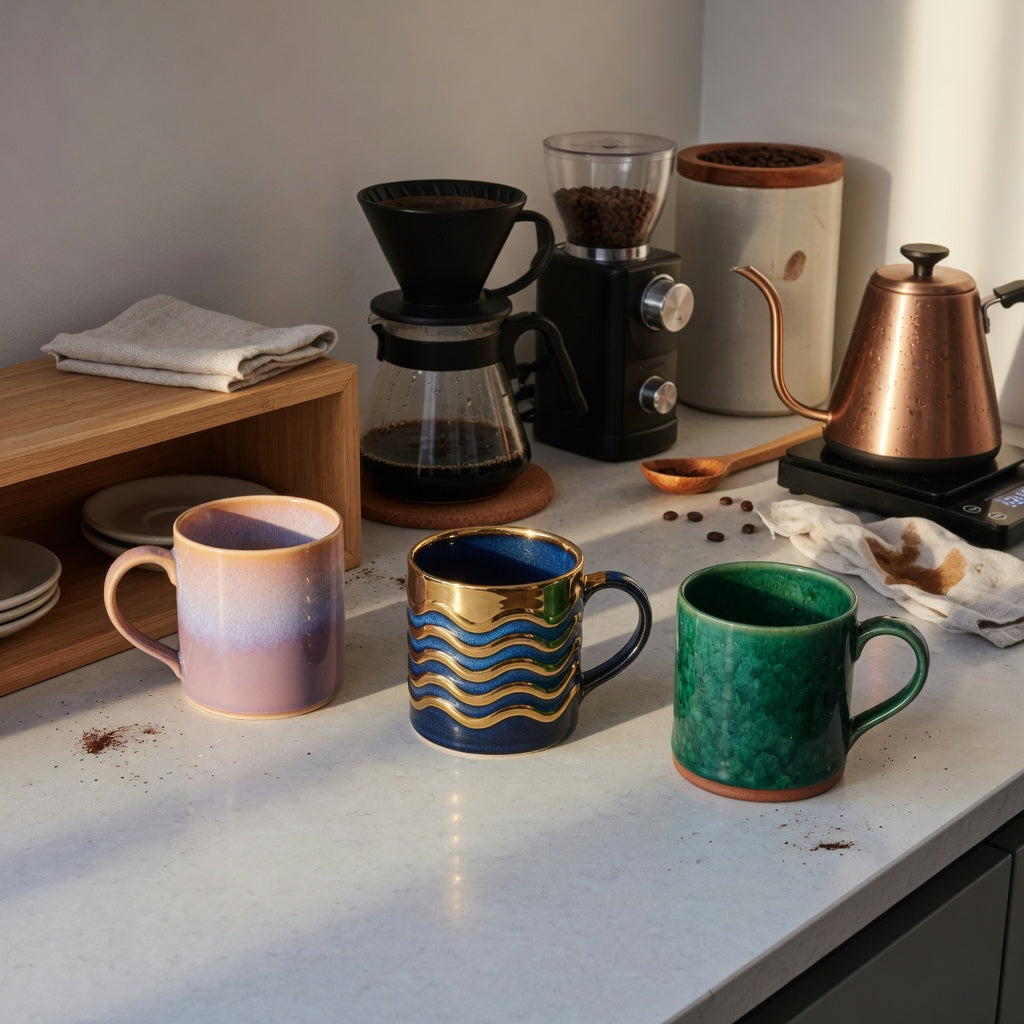 Ceramic glazed coffee mugs home coffee station practical purchase checklist with mugs beside a brewer, grinder, kettle, scale, and low shelf
