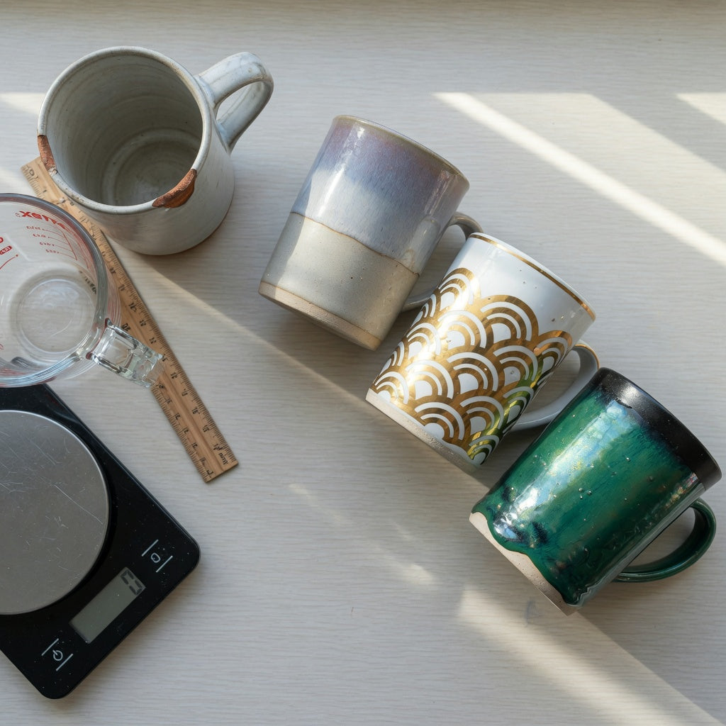 Kitchen counter arranged for a ceramic glazed coffee mugs replacement purchase practical purchase checklist, with a chipped mug, measuring tools, and three glazed options