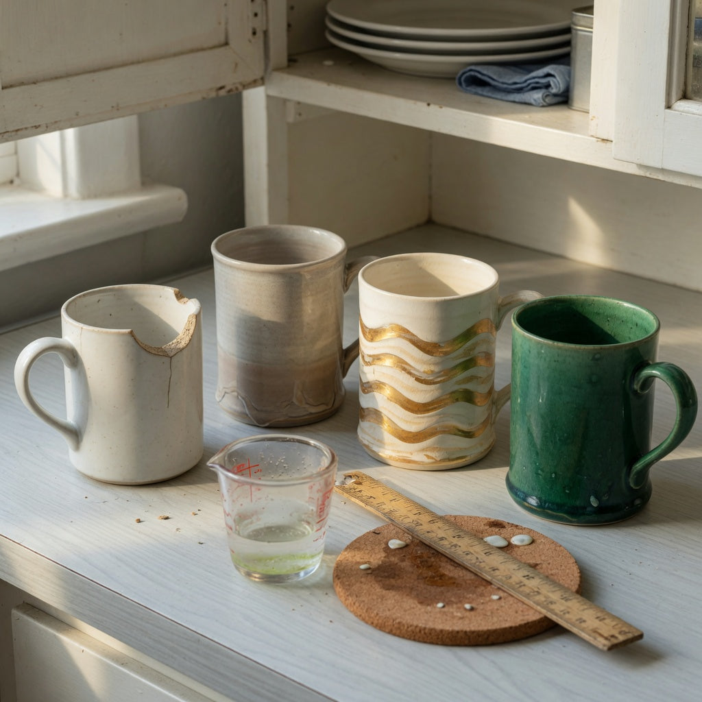 Ceramic glazed coffee mugs replacement purchase product shortlist guide with Gradient, Golden Waves Kio, and Emerald options beside a chipped mug