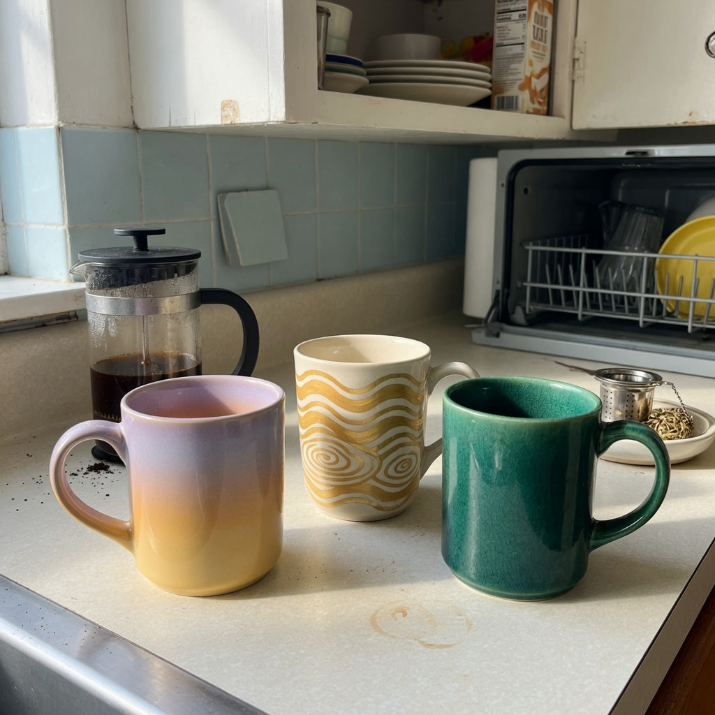 ceramic glazed coffee mugs shared household product shortlist guide showing individual Gradient, Golden Waves Kio, and Emerald styles on a shared kitchen counter