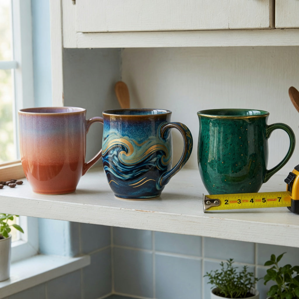 Ceramic glazed coffee mugs storage fit guide comparing mug bodies and handle clearance on a kitchen shelf