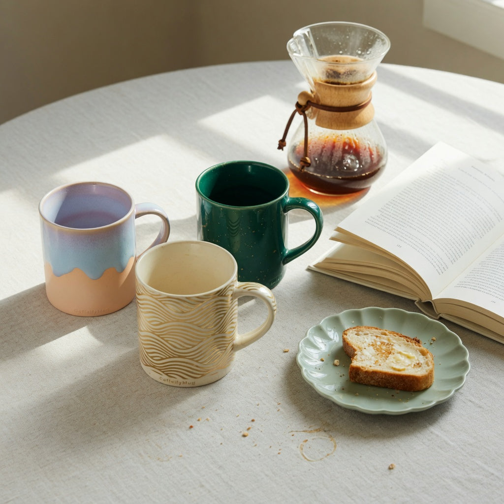 ceramic glazed coffee mugs weekend coffee practical purchase checklist with Gradient, Golden Waves Kio, and Emerald coffee tea mugs on a kitchen table