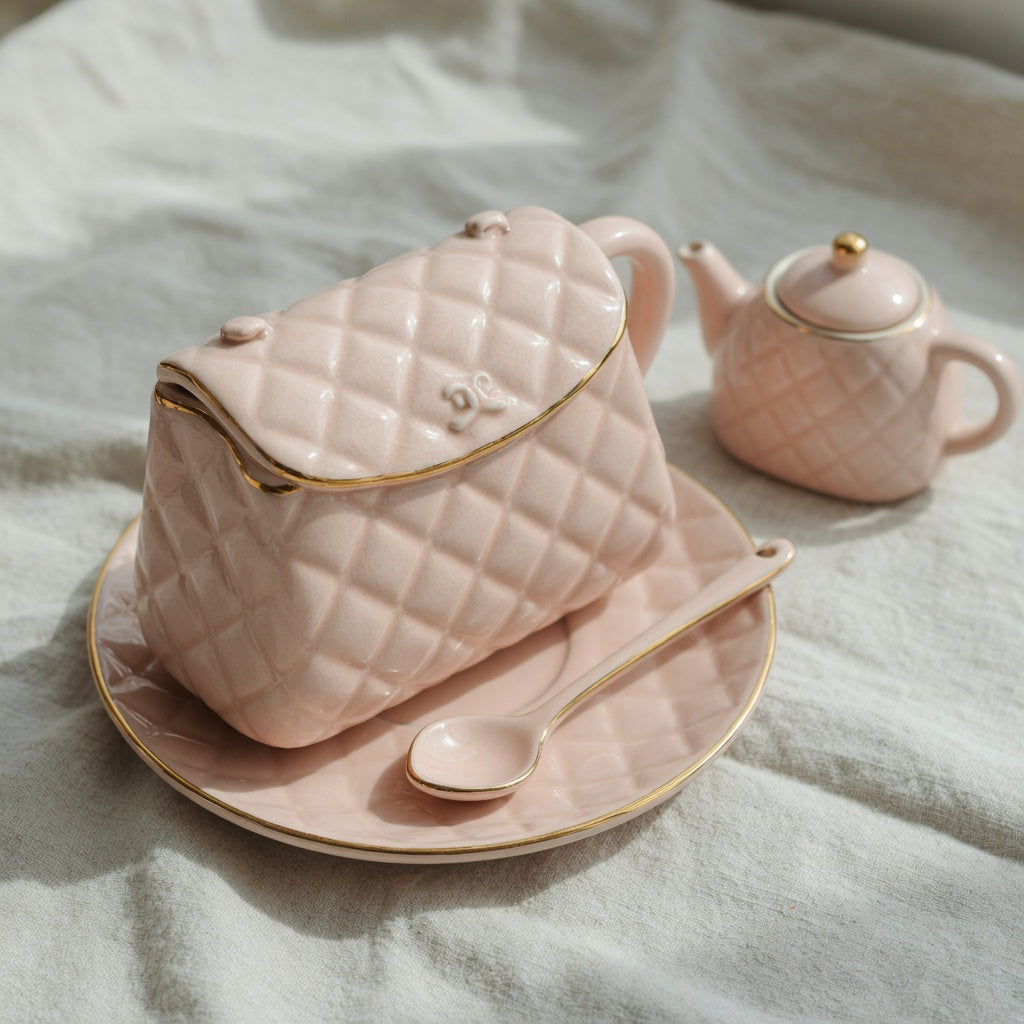 A ceramic handbag tea cup shaped like a quilted purse, with saucer and spoon on a linen tray