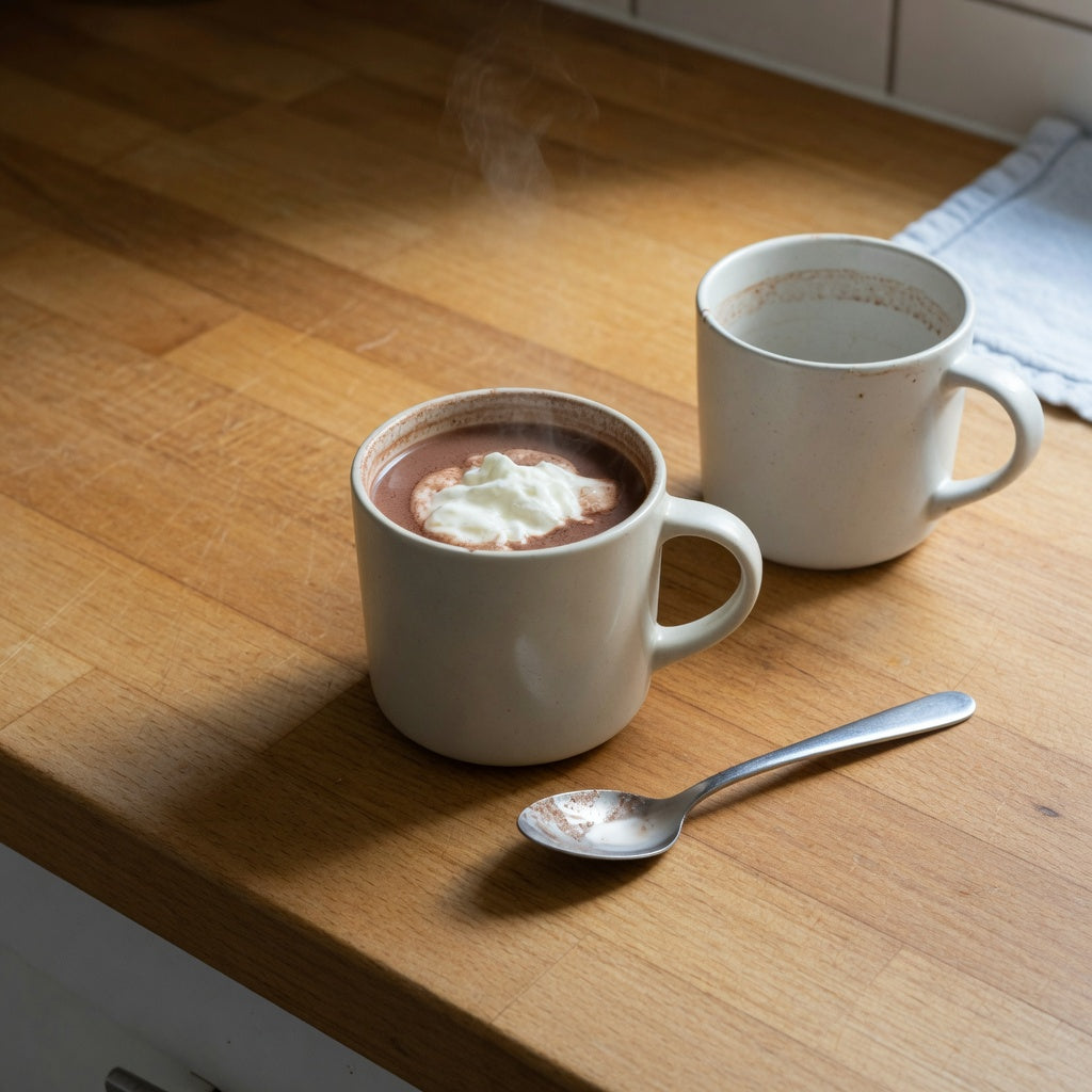 A ceramic hot cocoa mug on a kitchen counter with whipped cream below the rim and room left for the topping