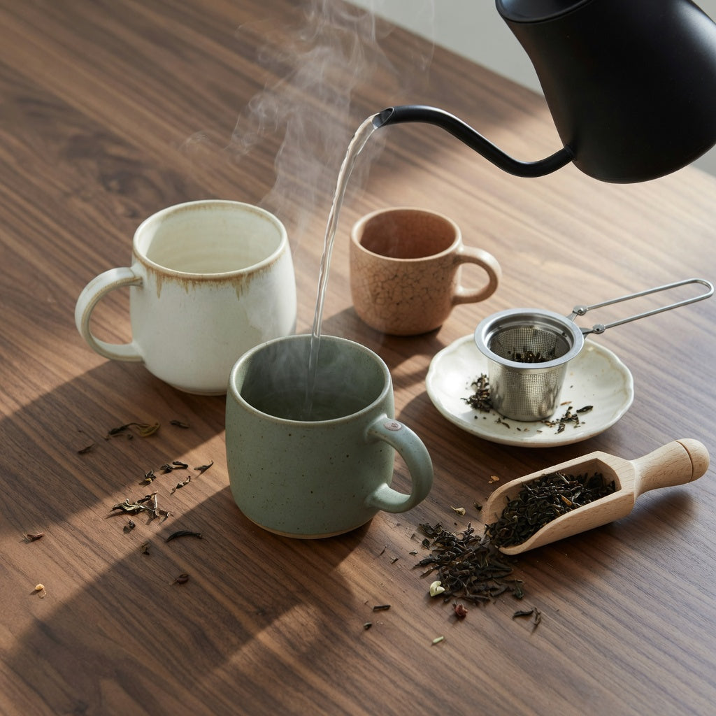 Ceramic loose leaf tea mug on a kitchen counter beside a stainless basket infuser and loose oolong leaves ready for steeping