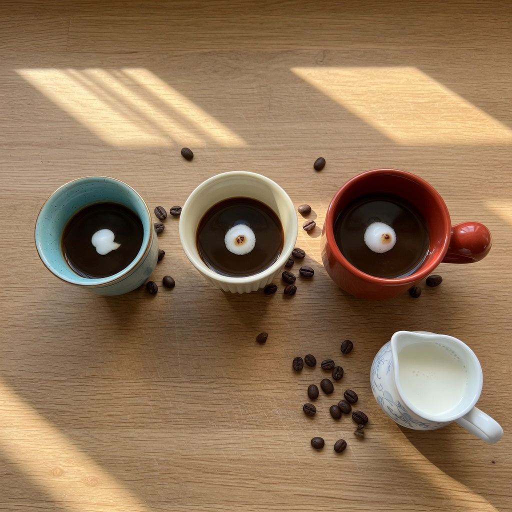 Ceramic macchiato cup comparison showing 170 ml, 200 ml, and 250 ml compact ceramic cups filled with espresso marked with milk foam