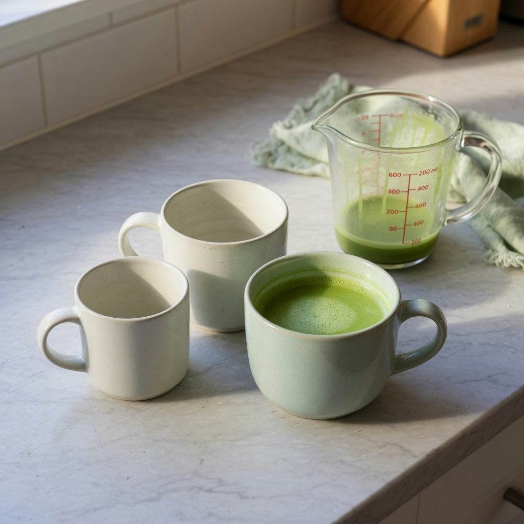 Ceramic matcha latte mug beside a measuring jug and two larger mug options