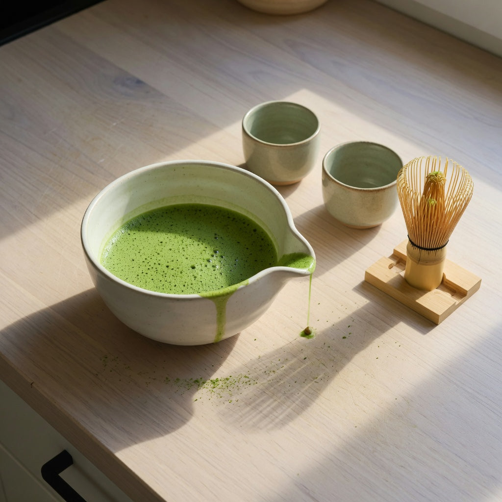 Ceramic matcha set with pouring bowl and cups beside a bamboo whisk on a kitchen counter