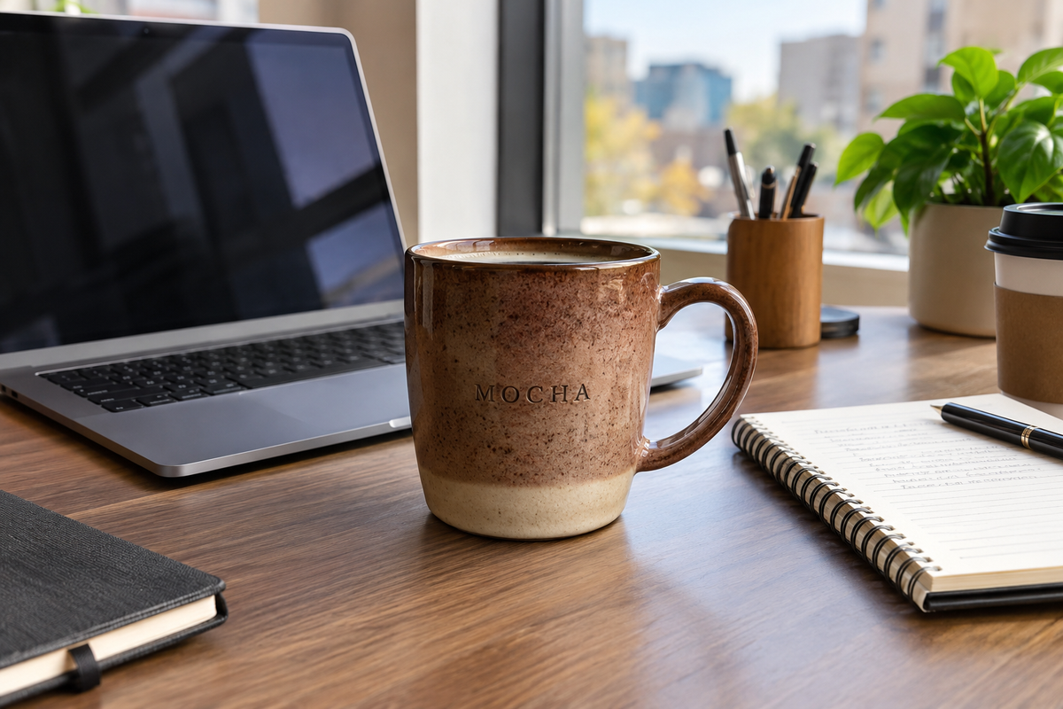ceramic mocha mug for office on desk setup