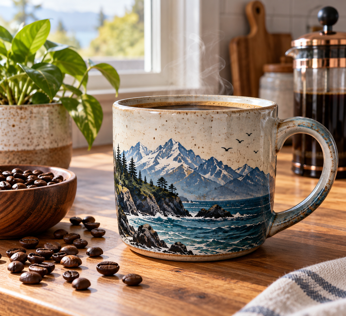 ceramic mountain sea mug for coffee lovers with detailed mountain sea motifs