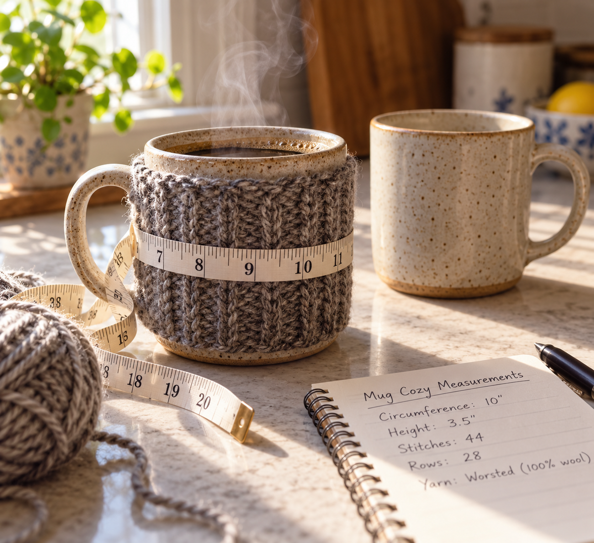 Hand-knit wool ceramic mug cozy fitted to a straight-walled stoneware mug beside a soft measuring tape