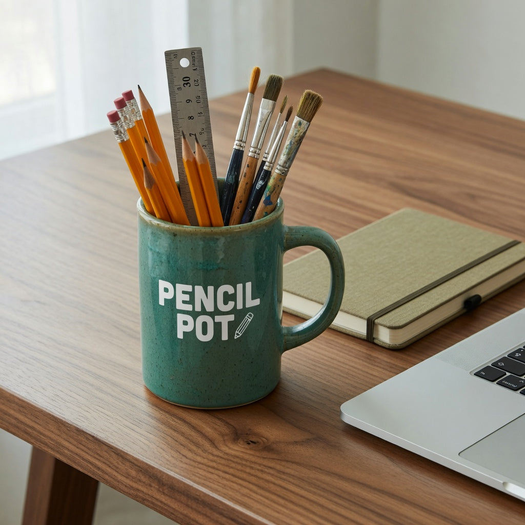 Ceramic mug desk tidy holding pencils, paintbrushes and a ruler on a home office desk