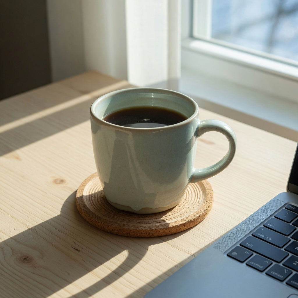 A ceramic mug for desk by the window on a coaster in morning light beside a laptop