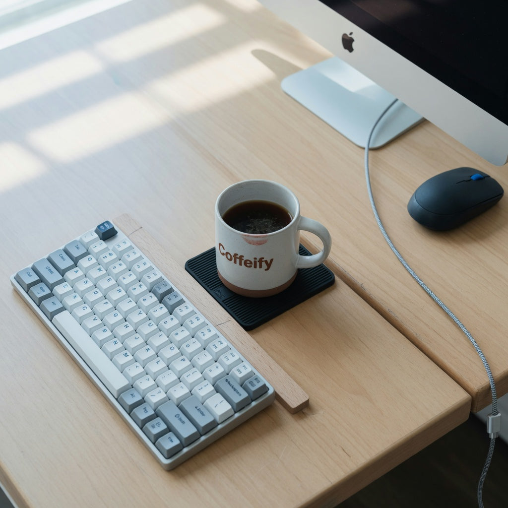Ceramic mug for narrow desk setup beside a compact keyboard on a narrow home office desk, showing base clearance and free mouse space