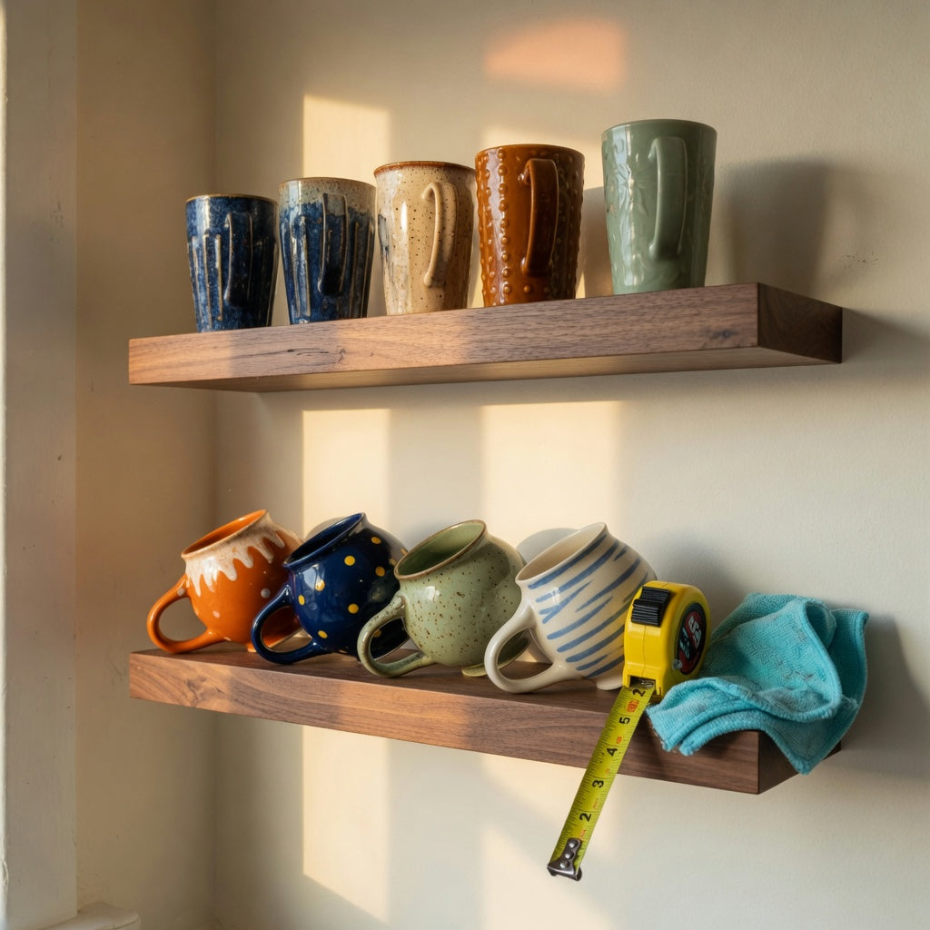 Ceramic mug shelf ideas in a home kitchen, with tall and round mugs spaced with proper clearance on walnut floating shelves