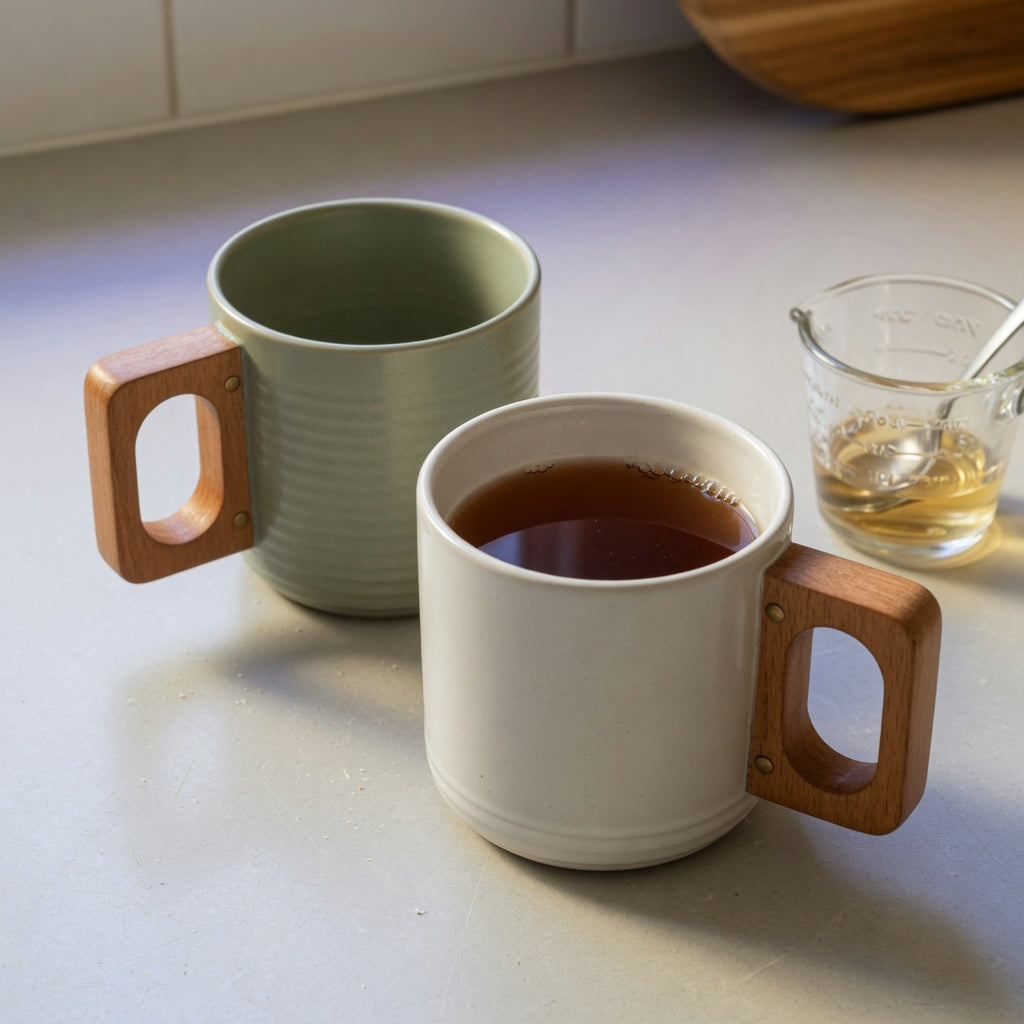 Ceramic mug with wooden handle options compared beside a measuring cup on a kitchen counter