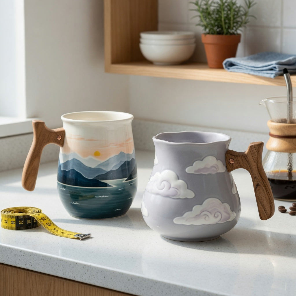 Ceramic mug with wooden handle buying priorities compared by capacity, vessel shape, and counter space