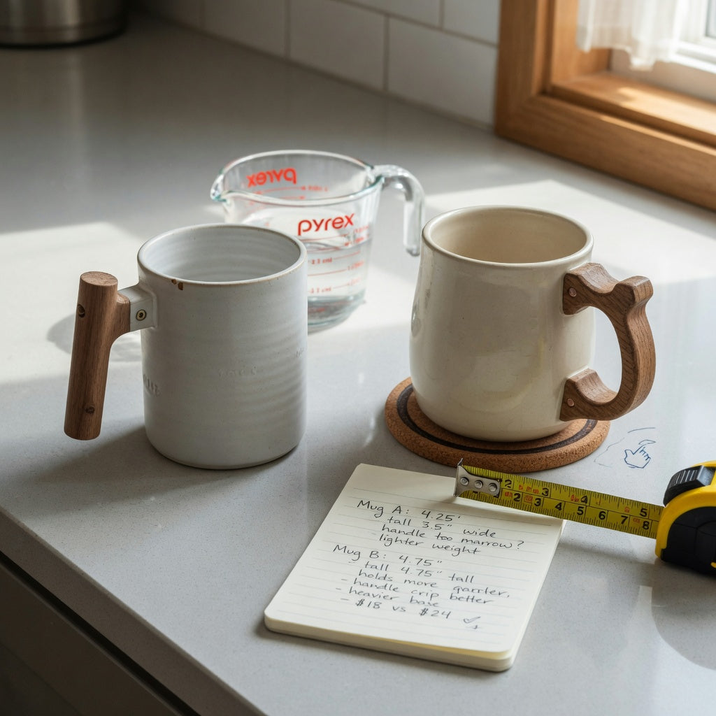 Two mugs arranged for a ceramic mug with wooden handle first time buyer practical purchase checklist
