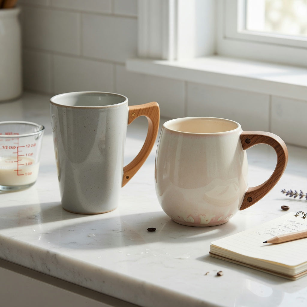 ceramic mug with wooden handle first time buyer product shortlist guide comparing a 12 oz cylindrical mug and a 14 oz rounded mug