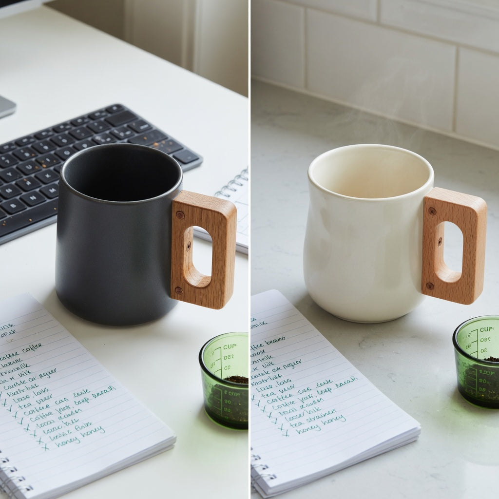 ceramic mug with wooden handle gift choice practical purchase checklist comparing two vessel forms, handle shapes, and a measured pour