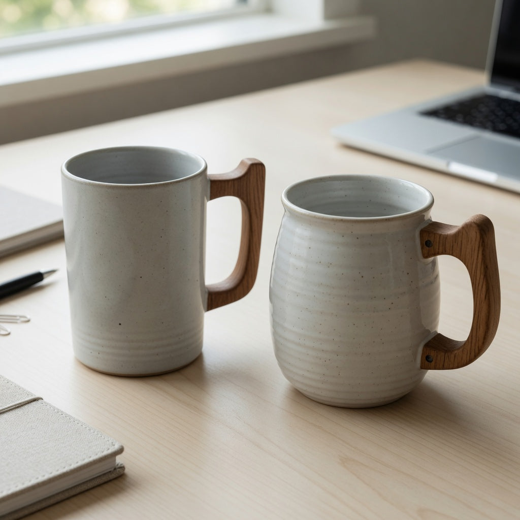 ceramic mug with wooden handle gift choice product shortlist guide showing tall 12-ounce and rounded 14-ounce options