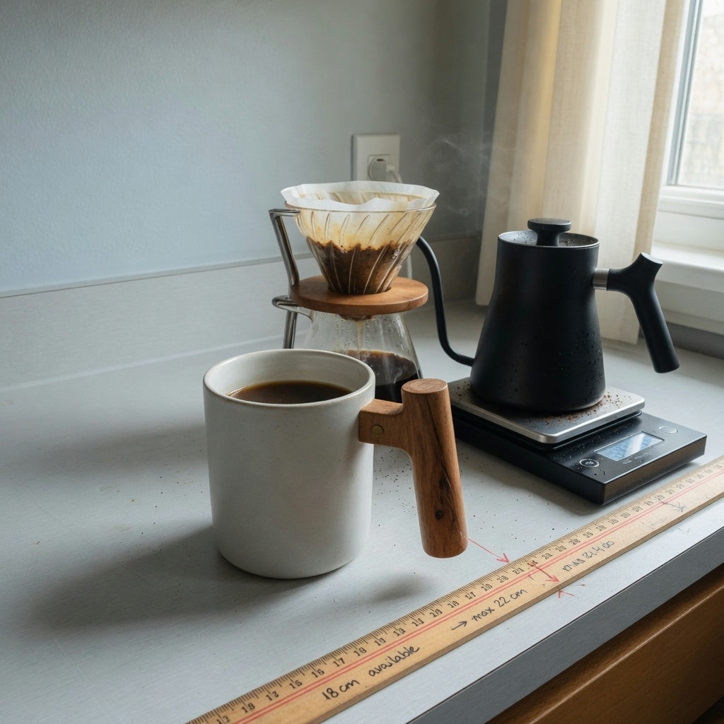 Ceramic mug with wooden handle home coffee station practical purchase checklist shown beside pour-over equipment and a counter ruler