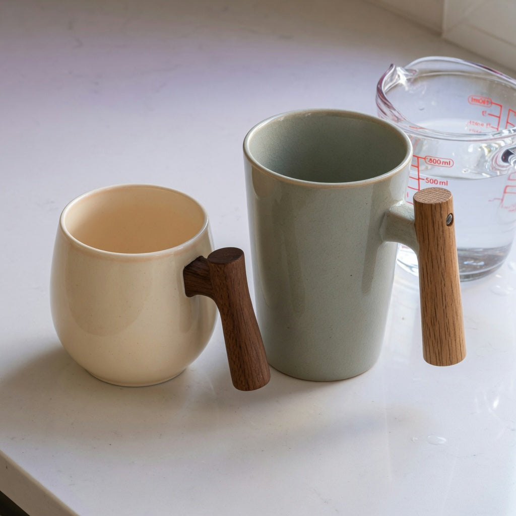 Ceramic mug with wooden handle size decision guide comparing a rounded 400 ml mug and a taller 480 ml mug
