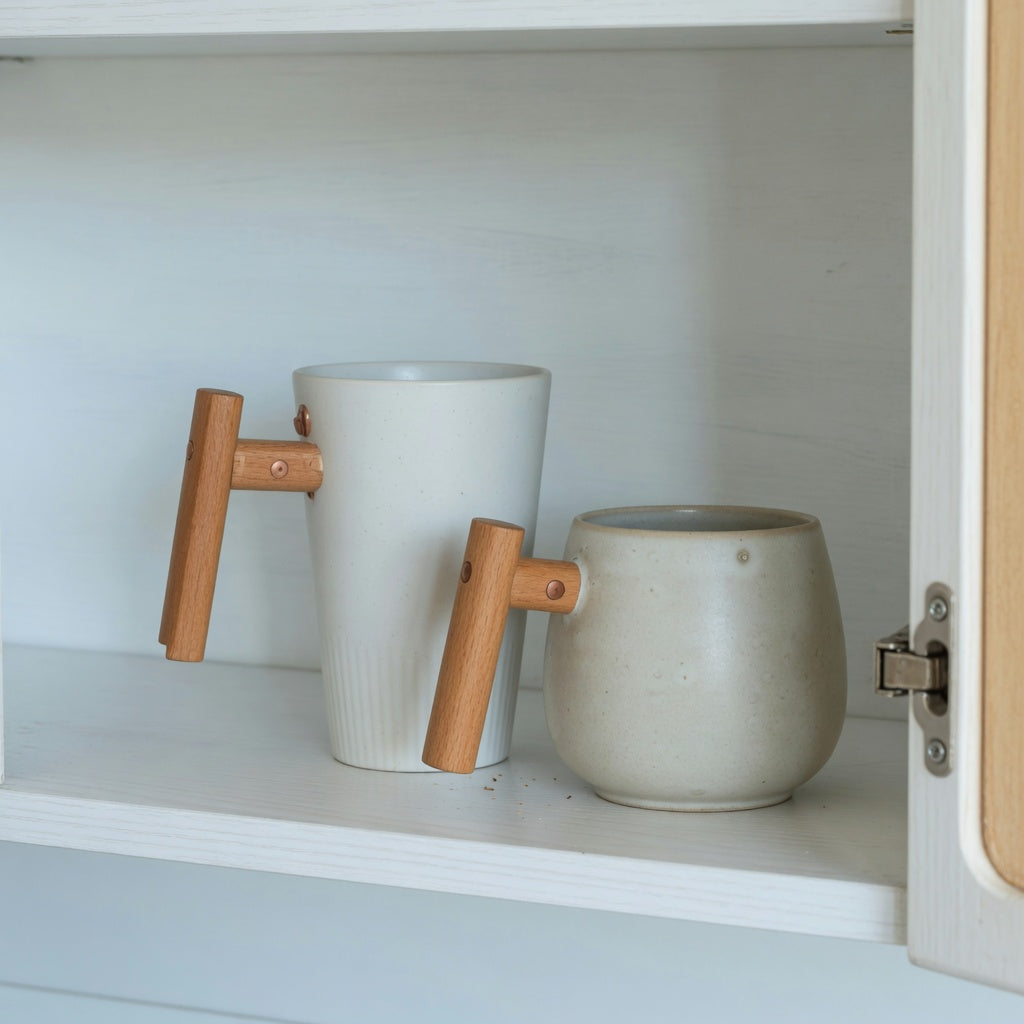 Ceramic mug with wooden handle storage fit guide showing upright and rounded mug shapes on a kitchen cabinet shelf
