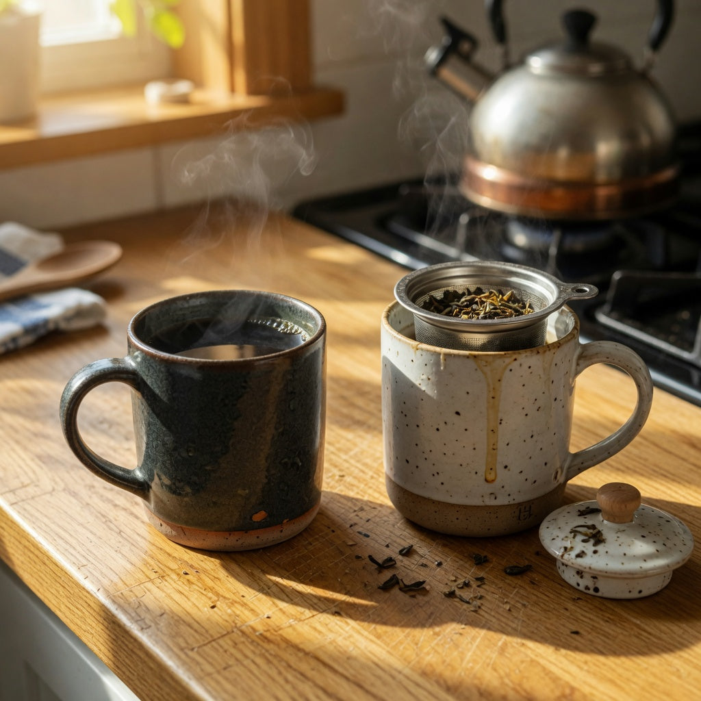 Two ceramic mugs for coffee and tea lovers on a wooden counter, one with coffee and one with loose-leaf tea.
