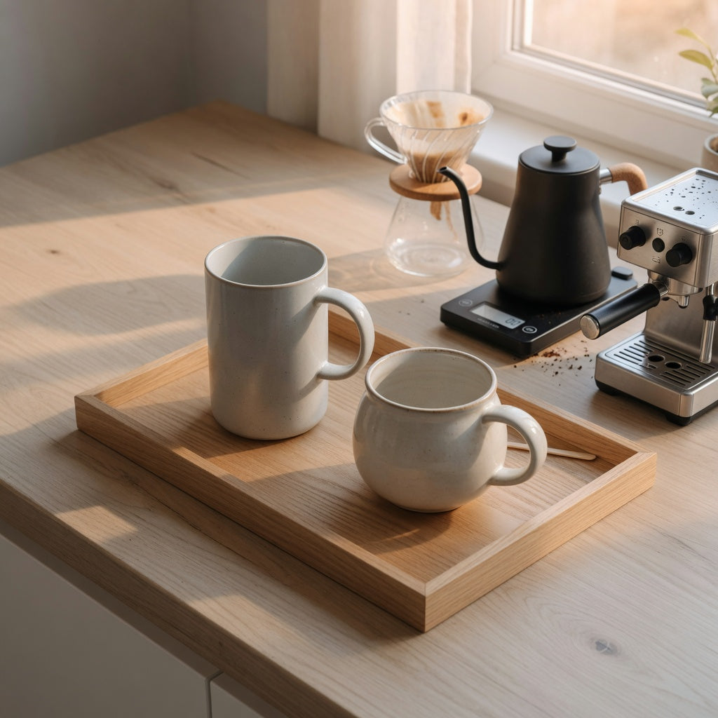 Tall and round ceramic mugs for coffee station setup beside a pour-over brewer