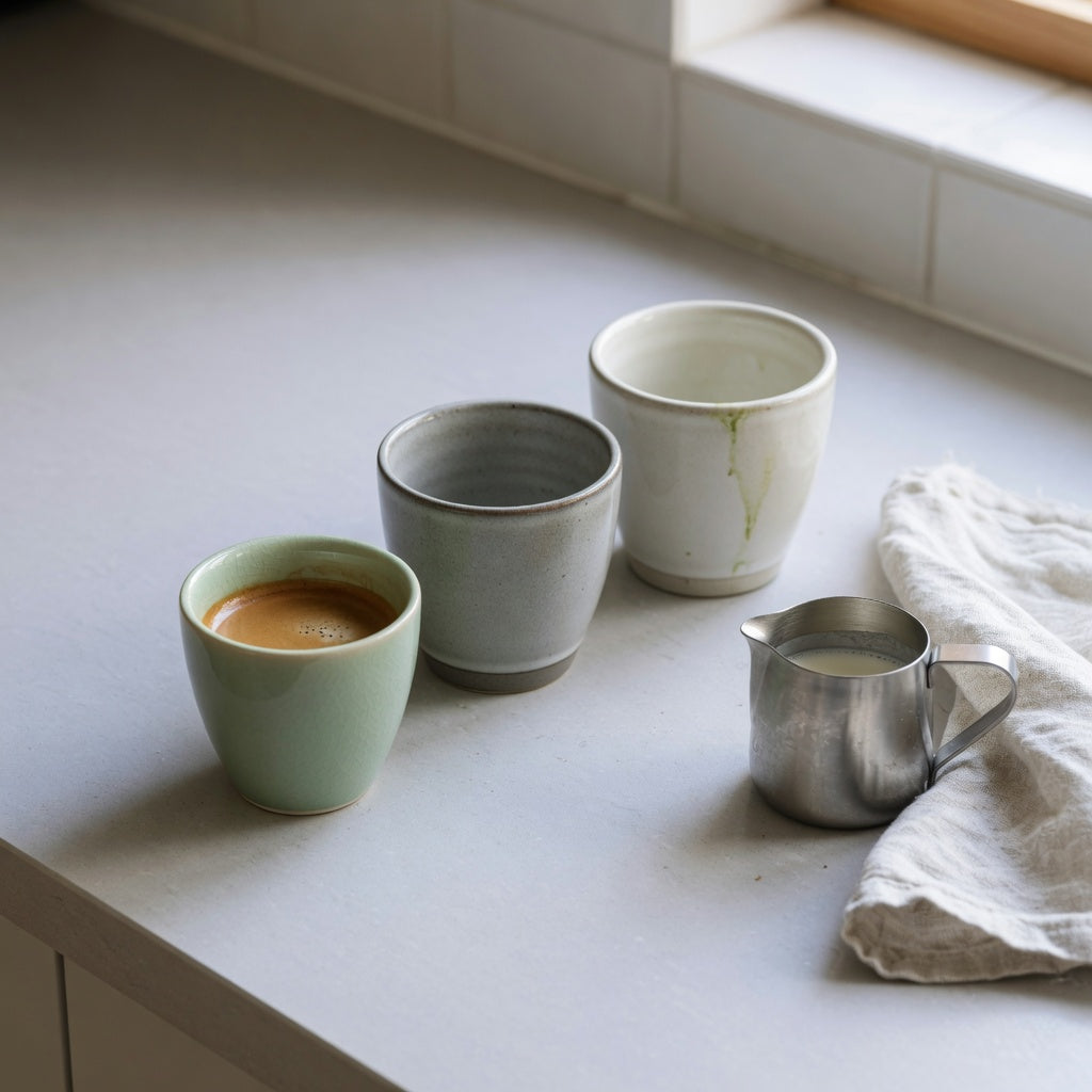 Ceramic piccolo cup beside larger compact ceramic mugs for comparing short coffee sizes