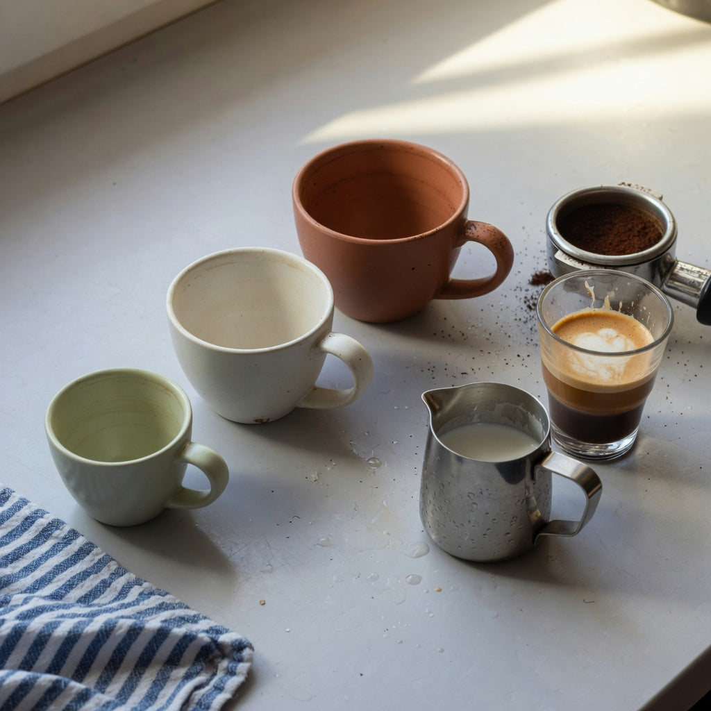 Ceramic piccolo cup size comparison with three cups beside espresso tools