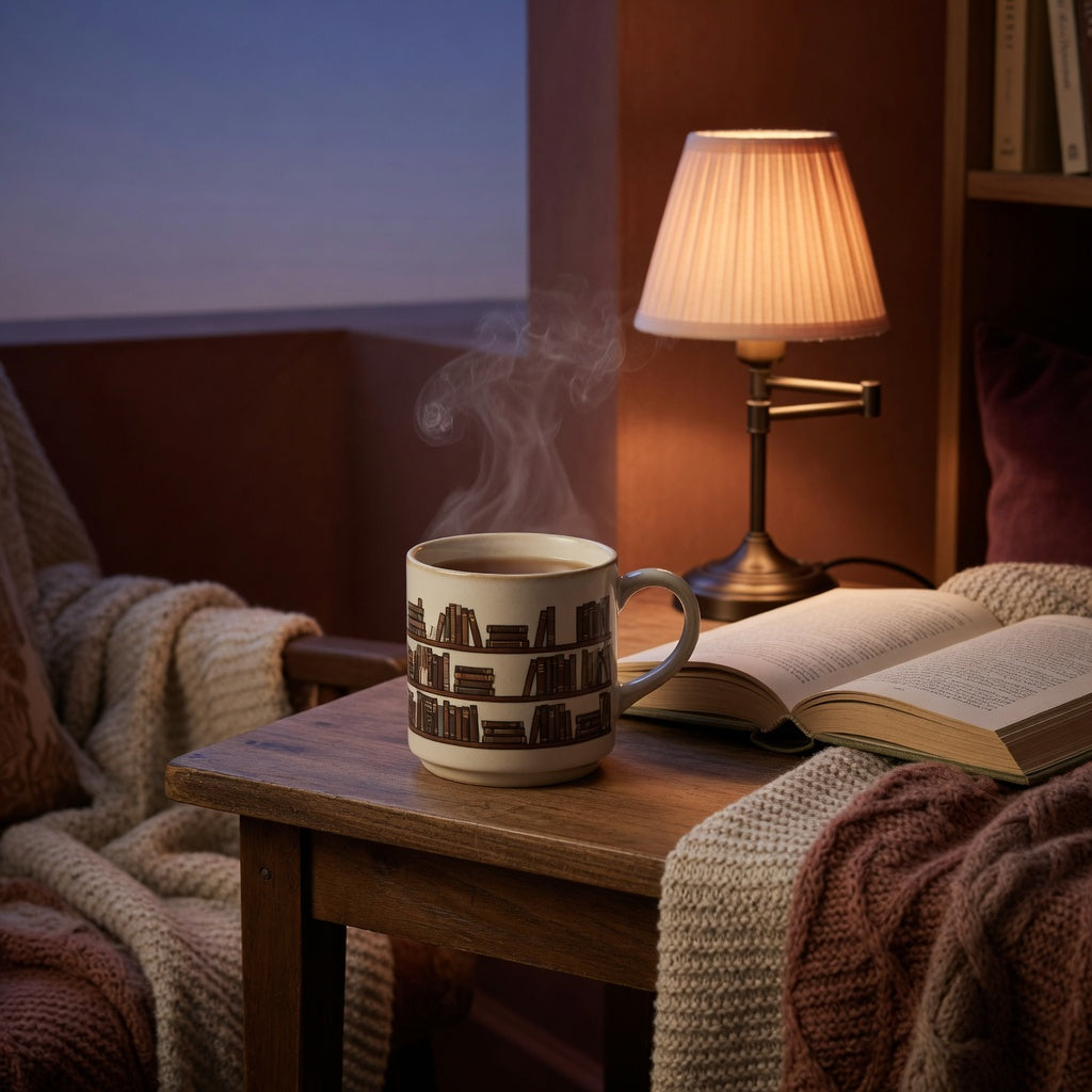 A ceramic reading nook mug beside an open hardcover, warm reading lamp, knitted throw, and small wooden side table