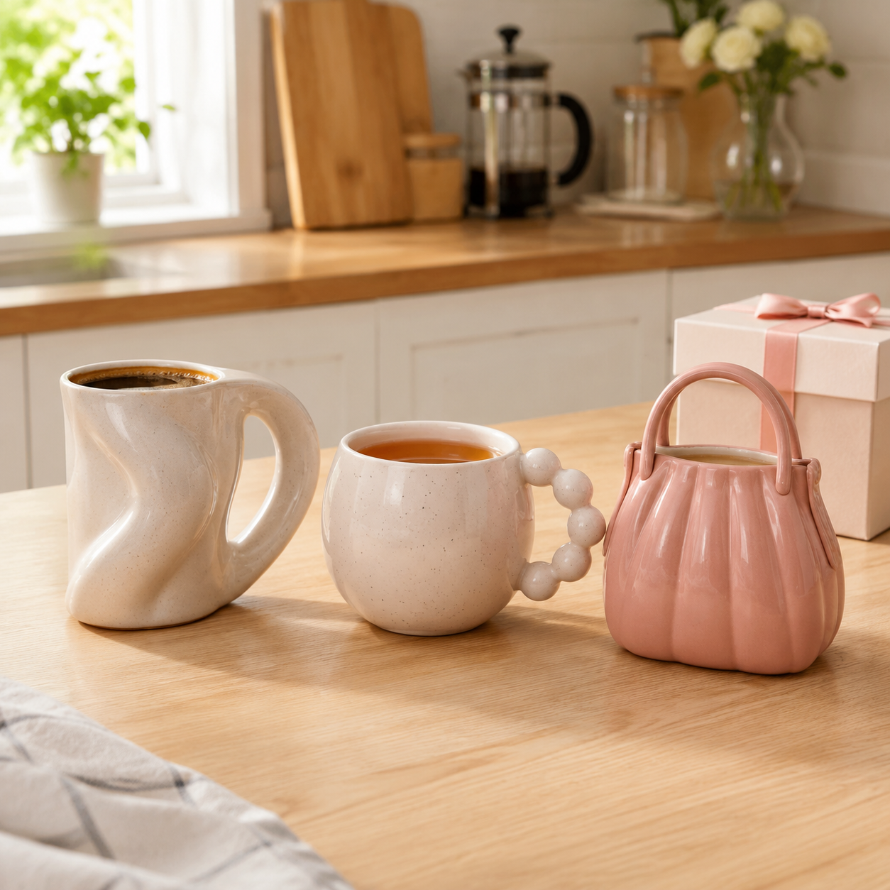 Three ceramic sculptural mug styles with flowing, ball-handle, and handbag-shaped forms on a kitchen counter
