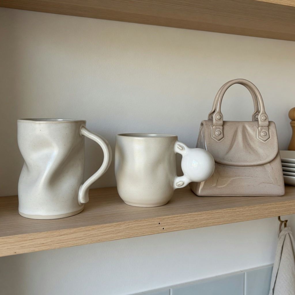 ceramic sculptural mug everyday mug rotation product shortlist guide showing The Flow, Ball Handle, and Handbag mug forms on a kitchen shelf