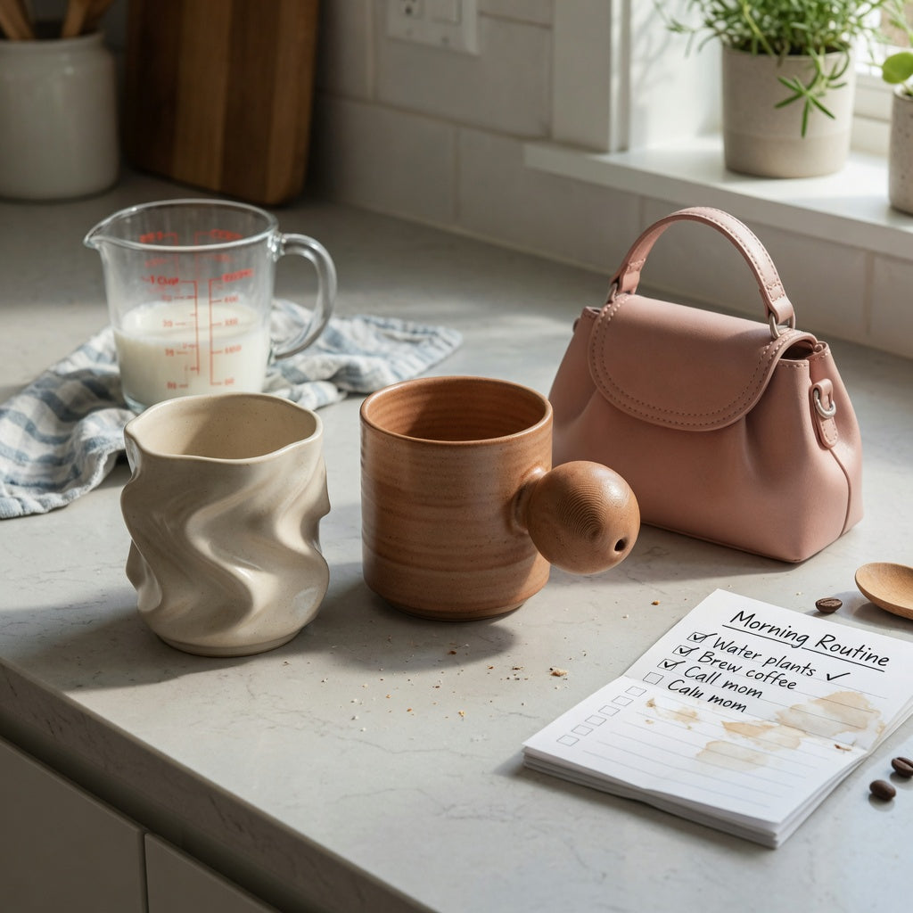 Ceramic sculptural mug first time buyer practical purchase checklist with Flow, Ball Handle, and Handbag forms on a kitchen counter