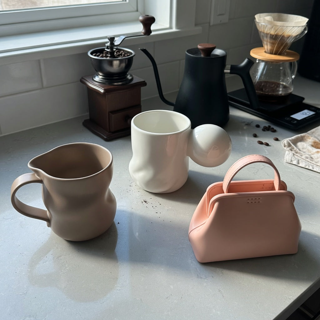 ceramic sculptural mug home coffee station product shortlist guide showing The Flow, Ball Handle, and Handbag mugs beside brewing tools
