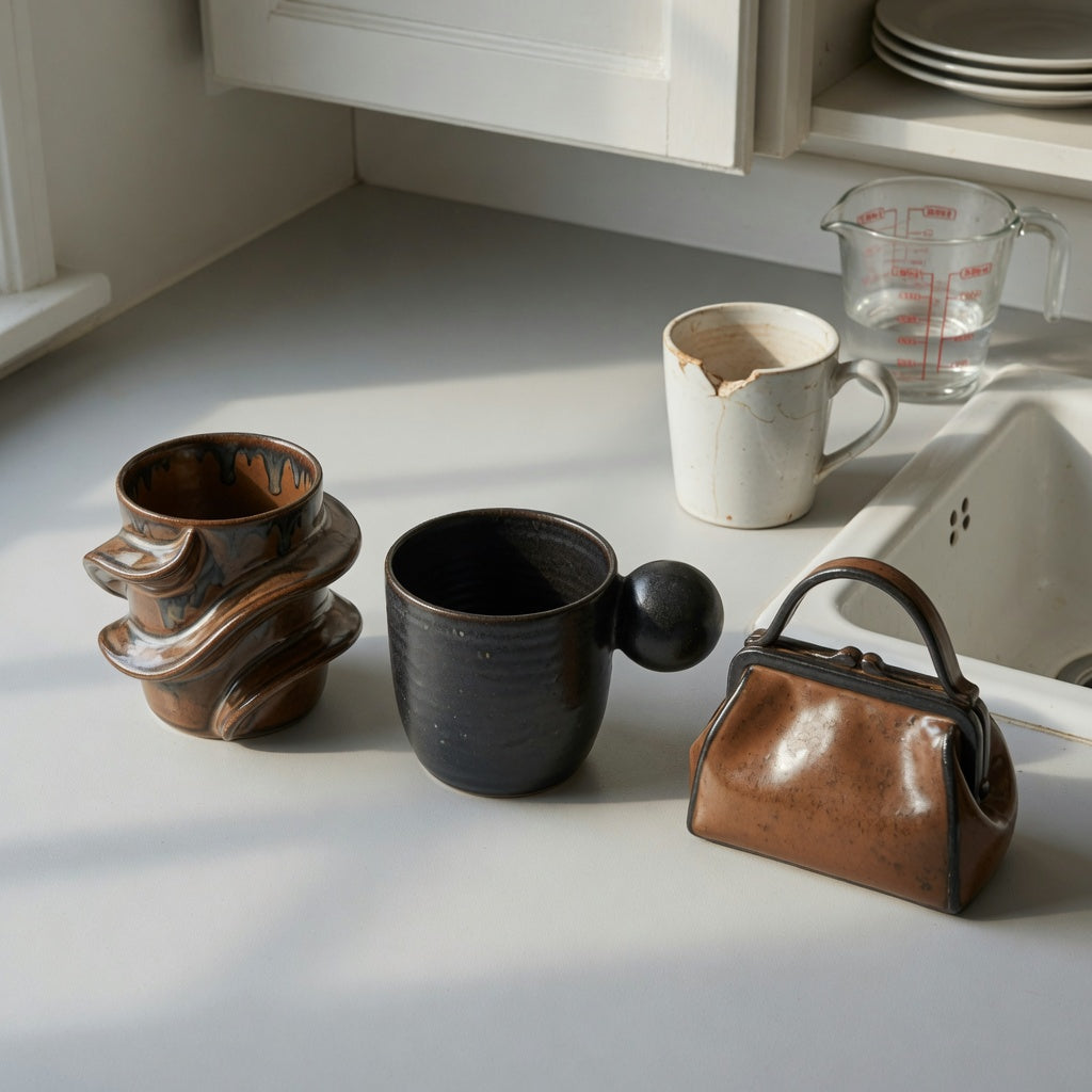 Ceramic sculptural mug replacement purchase product shortlist guide comparing The Flow, Ball Handle, and Handbag mug forms