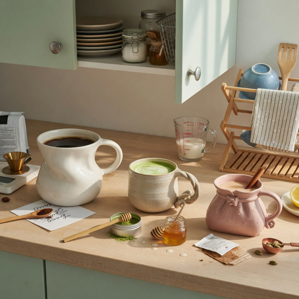 Ceramic sculptural mug shared household practical purchase checklist showing 250 ml, 310 ml, and 400 ml forms on a kitchen counter