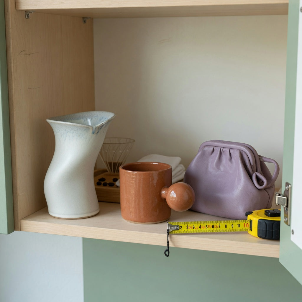 Shelf scene for a ceramic sculptural mug storage fit guide showing The Flow, Ball Handle, and Handbag shapes
