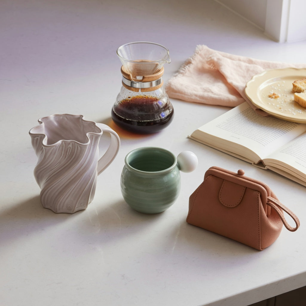 ceramic sculptural mug weekend coffee product shortlist guide comparing 250 ml, 310 ml, and 400 ml forms on a kitchen counter