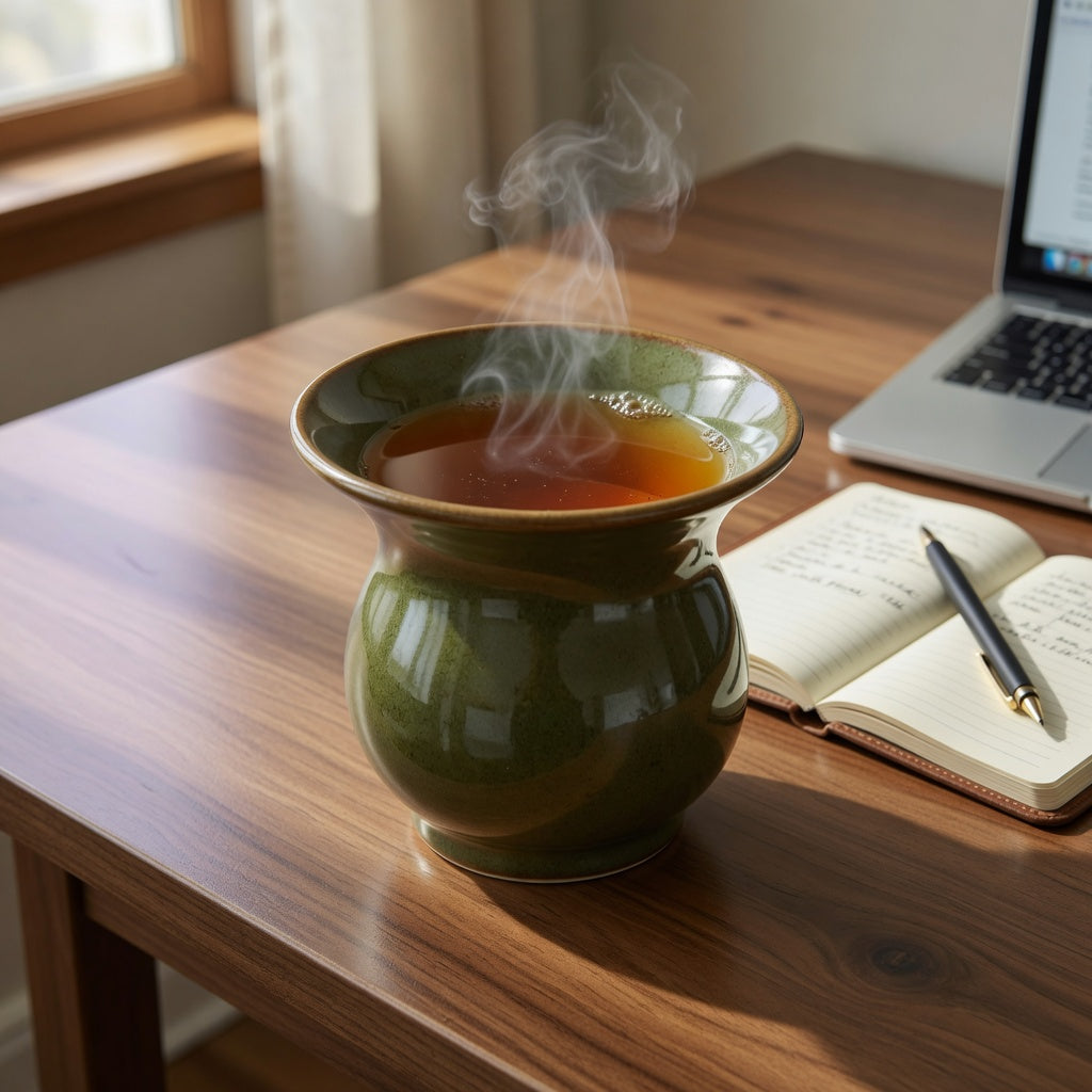 Ceramic spittoon tea mug with a flared rim, filled with tea, on an office desk beside a notebook and laptop