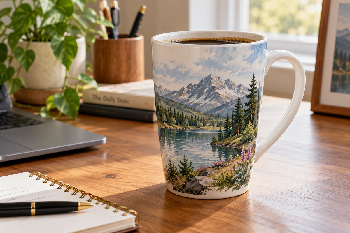 ceramic tall landscape coffee tea mug on desk with coffee