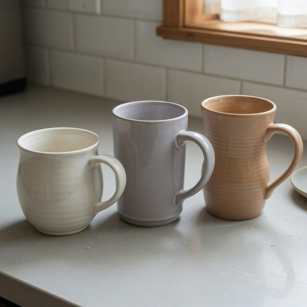 Side-by-side ceramic tea mug comparison of the 400 ml Round, 440 ml Morning Night, and 480 ml Flow mug forms and handles