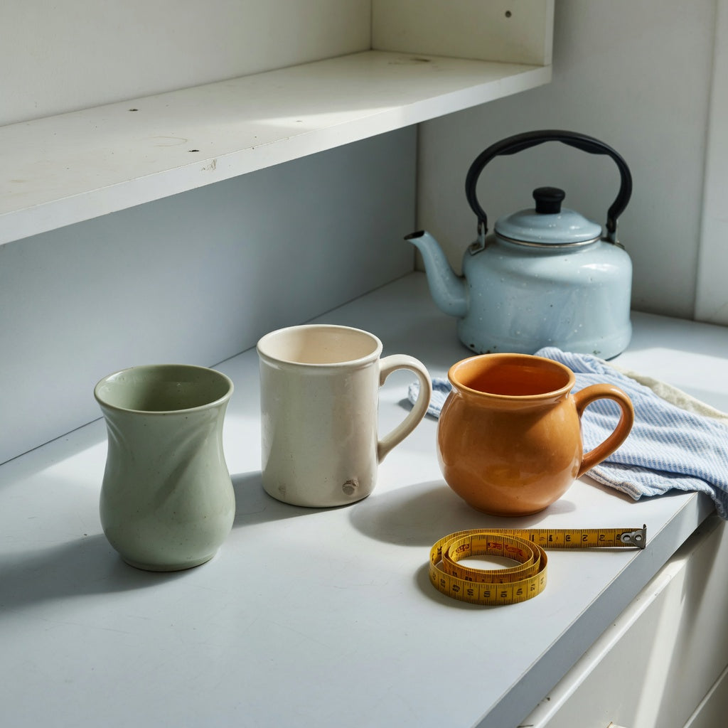 Ceramic tea mug compact kitchen product shortlist guide showing three mug forms on a narrow counter