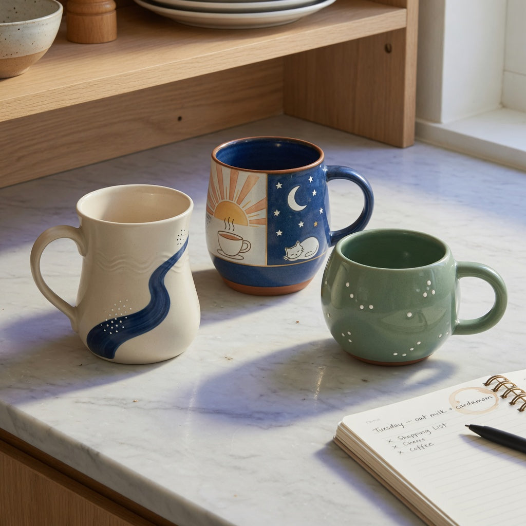 Ceramic tea mug everyday mug rotation practical purchase checklist with three ceramic mugs arranged on a kitchen counter