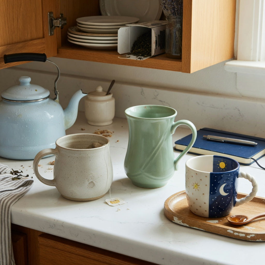 Ceramic tea mug everyday mug rotation product shortlist guide showing three mugs assigned to kitchen, desk, and evening use