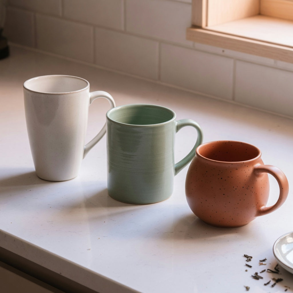 Ceramic tea mug first time buyer product shortlist guide comparison of 300, 350, and 400 ml mug forms on a kitchen counter
