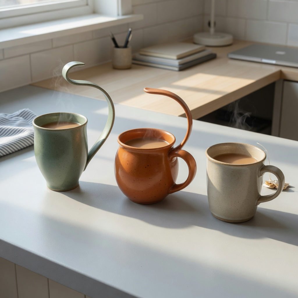 A ceramic tea mug gift choice practical purchase checklist comparison showing three ceramic mug forms and handle shapes