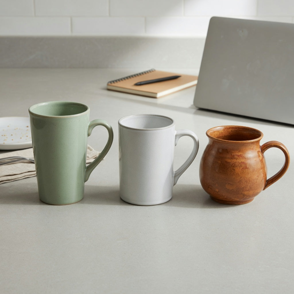 Three mug forms compared for a ceramic tea mug gift choice product shortlist guide, with contoured, C-shaped, and full loop handles